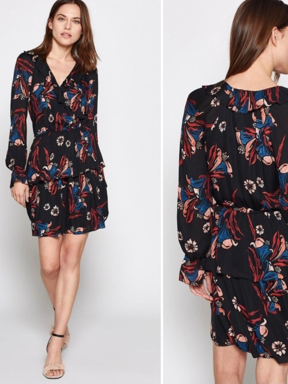 NWT JOIE Nour Dress in Caviar Black Tiered Ruffle Floral Multicolor Size S